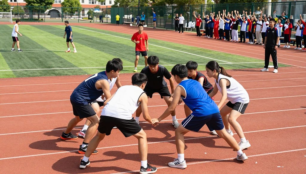 A dynamic scene showcasing diverse young athletes engaged in various sports activities, emphasizing teamwork and skill-building. In the foreground, a group of athletes in professional athletic gear are collaborating on a strategic play, displaying focus and determination. The middle ground features various sporting venues like a basketball court, soccer field, and track, with athletes participating in practice or competition. In the background, a cheering crowd and coaching staff create an encouraging atmosphere. The lighting is bright and energetic, simulating a sunny day with vibrant shades that evoke positivity and ambition. The overall mood should be inspiring and motivational, highlighting the intersection of sports and career development. Use a wide-angle lens to capture both the intensity of the athletic efforts and the supportive environment. A dynamic scene showcasing diverse young athletes engaged in various sports activities, emphasizing teamwork and skill-building. In the foreground, a group of athletes in professional athletic gear are collaborating on a strategic play, displaying focus and determination. The middle ground features various sporting venues like a basketball court, soccer field, and track, with athletes participating in practice or competition. In the background, a cheering crowd and coaching staff create an encouraging atmosphere. The lighting is bright and energetic, simulating a sunny day with vibrant shades that evoke positivity and ambition. The overall mood should be inspiring and motivational, highlighting the intersection of sports and career development. Use a wide-angle lens to capture both the intensity of the athletic efforts and the supportive environment.
