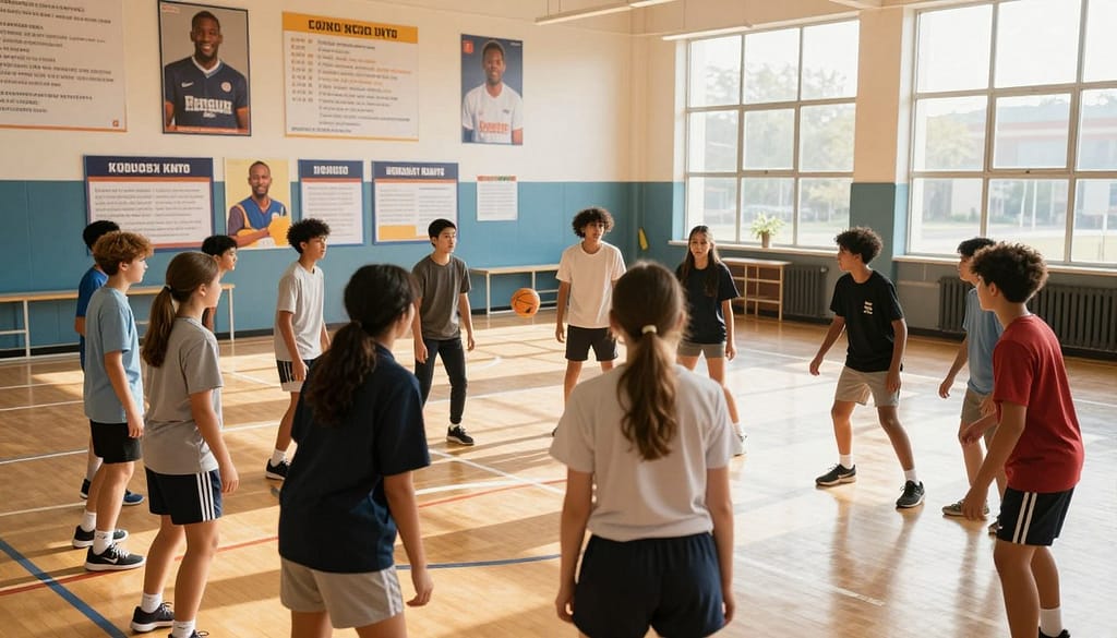 A dynamic scene showcasing the intersection of sports and education in a vibrant school setting. In the foreground, a diverse group of students, dressed in smart athletic gear, engaged in a collaborative group activity, focusing on teamwork. The middle ground features a well-equipped gymnasium with educational posters about famous athletes and academic achievements on the walls. In the background, large windows let in warm afternoon sunlight, illuminating the space and creating an inviting atmosphere. The angle is slightly elevated, capturing the energy and enthusiasm of the students as they interact with each other and their environment. The overall mood is one of inspiration and empowerment, highlighting how athletics fosters confidence and academic growth. A dynamic scene showcasing the intersection of sports and education in a vibrant school setting. In the foreground, a diverse group of students, dressed in smart athletic gear, engaged in a collaborative group activity, focusing on teamwork. The middle ground features a well-equipped gymnasium with educational posters about famous athletes and academic achievements on the walls. In the background, large windows let in warm afternoon sunlight, illuminating the space and creating an inviting atmosphere. The angle is slightly elevated, capturing the energy and enthusiasm of the students as they interact with each other and their environment. The overall mood is one of inspiration and empowerment, highlighting how athletics fosters confidence and academic growth.