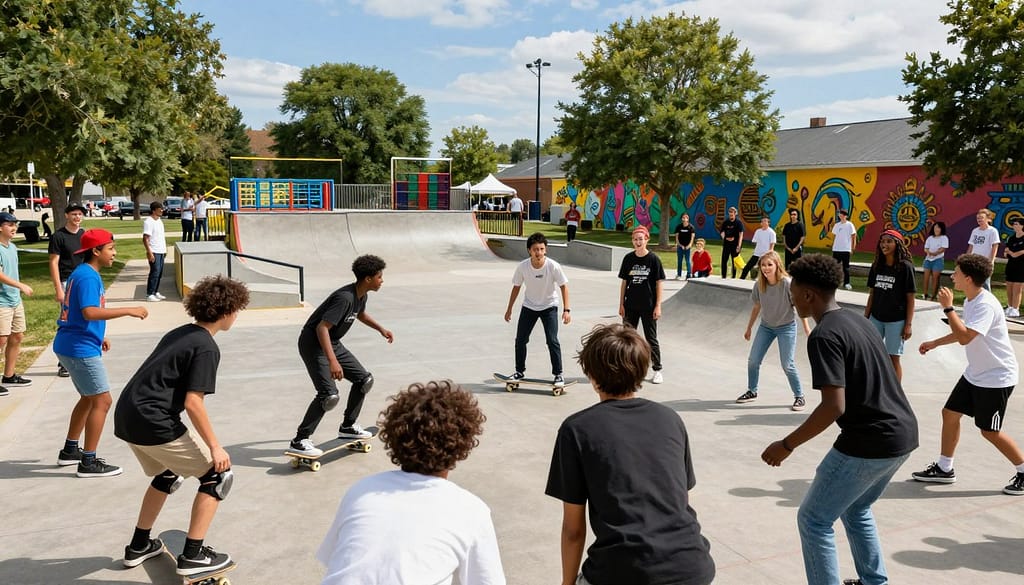 A vibrant community park scene featuring diverse youth engaged in various non-traditional sports, such as skateboarding, parkour, and ultimate frisbee, in the foreground. Young people of different backgrounds are cheering, collaborating, and helping each other, showcasing empowerment and teamwork. In the middle ground, a dynamic skate ramp and an obstacle course are visible, surrounded by trees and colorful murals that reflect cultural diversity. The background includes spectators, smiling families, and a clear blue sky, creating a lively atmosphere. Use natural lighting, capturing the energy of a sunny day. The angle should be slightly elevated, focusing on the joy and excitement of youth. The overall mood is optimistic and inspiring, highlighting the positive impact of non-traditional sports on at-risk youth. A vibrant community park scene featuring diverse youth engaged in various non-traditional sports, such as skateboarding, parkour, and ultimate frisbee, in the foreground. Young people of different backgrounds are cheering, collaborating, and helping each other, showcasing empowerment and teamwork. In the middle ground, a dynamic skate ramp and an obstacle course are visible, surrounded by trees and colorful murals that reflect cultural diversity. The background includes spectators, smiling families, and a clear blue sky, creating a lively atmosphere. Use natural lighting, capturing the energy of a sunny day. The angle should be slightly elevated, focusing on the joy and excitement of youth. The overall mood is optimistic and inspiring, highlighting the positive impact of non-traditional sports on at-risk youth.