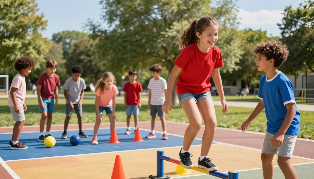 A vibrant scene depicting a diverse group of children, aged 8-12, actively engaging in a play-based sports activity in a sunny outdoor park. In the foreground, a girl in a bright red T-shirt and shorts is laughing as she balances on a playground structure, while a boy in a blue jersey cheers her on, both exhibiting joy and camaraderie. The middle ground features other children on colorful mats, immersed in various imaginative games using sports equipment like cones and soft balls, showcasing creativity and collaboration. The background is filled with green trees and a clear blue sky, casting warm, natural light that enhances the playful atmosphere. The image conveys a sense of inclusivity and fun, emphasizing the idea of breaking down traditional barriers in sports. A vibrant scene depicting a diverse group of children, aged 8-12, actively engaging in a play-based sports activity in a sunny outdoor park. In the foreground, a girl in a bright red T-shirt and shorts is laughing as she balances on a playground structure, while a boy in a blue jersey cheers her on, both exhibiting joy and camaraderie. The middle ground features other children on colorful mats, immersed in various imaginative games using sports equipment like cones and soft balls, showcasing creativity and collaboration. The background is filled with green trees and a clear blue sky, casting warm, natural light that enhances the playful atmosphere. The image conveys a sense of inclusivity and fun, emphasizing the idea of breaking down traditional barriers in sports.