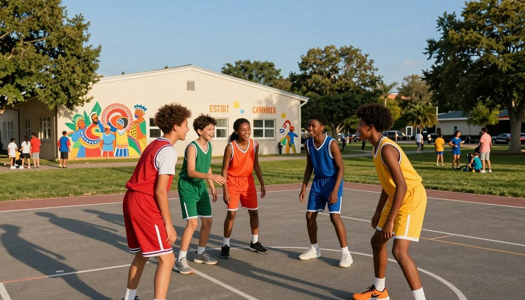 A vibrant scene depicting a diverse group of young athletes engaged in a cooperative sports activity, emphasizing teamwork and community strength. In the foreground, a group of four children, ages 10-15, of various ethnic backgrounds wearing colorful sports uniforms, are laughing and strategizing around a basketball court. The middle ground features a community center building adorned with murals celebrating local culture and positive messages. In the background, a park filled with greenery and families enjoying recreational activities under a bright blue sky. The lighting is warm and inviting, mimicking the golden hour, casting long shadows that create a dynamic atmosphere, and capturing a sense of hope and unity in overcoming barriers through sports. A vibrant scene depicting a diverse group of young athletes engaged in a cooperative sports activity, emphasizing teamwork and community strength. In the foreground, a group of four children, ages 10-15, of various ethnic backgrounds wearing colorful sports uniforms, are laughing and strategizing around a basketball court. The middle ground features a community center building adorned with murals celebrating local culture and positive messages. In the background, a park filled with greenery and families enjoying recreational activities under a bright blue sky. The lighting is warm and inviting, mimicking the golden hour, casting long shadows that create a dynamic atmosphere, and capturing a sense of hope and unity in overcoming barriers through sports.