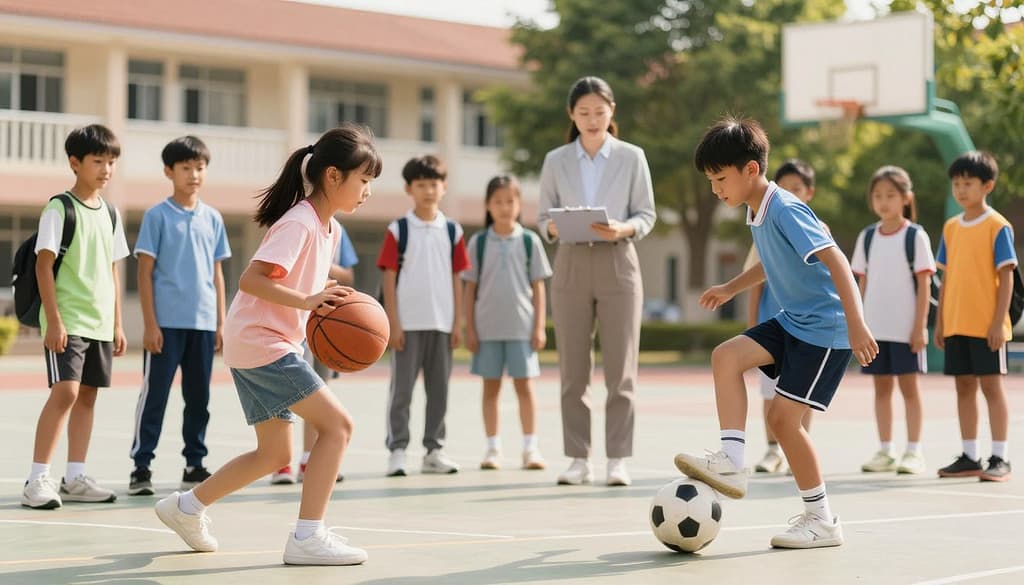 A vibrant scene depicting a diverse group of young students engaging in various sports activities on a sunny school playground. In the foreground, a girl dribbles a basketball, while a boy practices soccer kicks nearby, both wearing sporty yet modest athletic gear. In the middle ground, a teacher provides guidance, holding a clipboard, encouraging teamwork and strategy among the students. The background shows a school building and trees, bathed in warm natural light, creating a welcoming atmosphere. Capture the excitement and energy of learning through sports, with soft focus on the teacher to emphasize her role in integrating athletics with education, evoking a sense of empowerment and growth in youth. Use a slightly angled perspective for dynamic composition. A vibrant scene depicting a diverse group of young students engaging in various sports activities on a sunny school playground. In the foreground, a girl dribbles a basketball, while a boy practices soccer kicks nearby, both wearing sporty yet modest athletic gear. In the middle ground, a teacher provides guidance, holding a clipboard, encouraging teamwork and strategy among the students. The background shows a school building and trees, bathed in warm natural light, creating a welcoming atmosphere. Capture the excitement and energy of learning through sports, with soft focus on the teacher to emphasize her role in integrating athletics with education, evoking a sense of empowerment and growth in youth. Use a slightly angled perspective for dynamic composition.