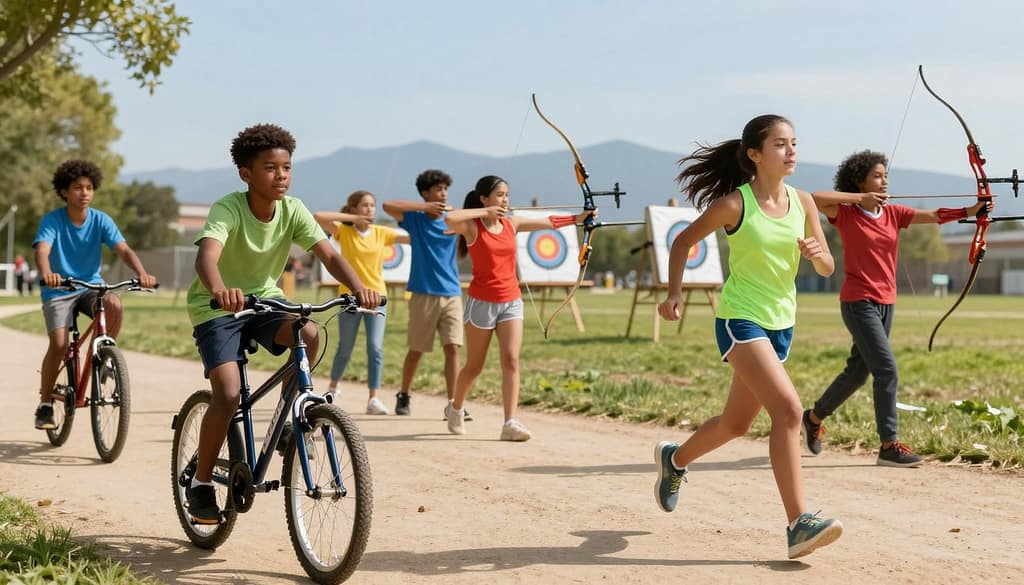 A vibrant scene depicting a diverse group of youth engaged in various individual sports. In the foreground, a young Black boy is joyfully riding a bicycle on a sunny trail, while a Latina girl runs energetically in a bright green tank top and shorts, representing marathon training. The middle ground shows an earnest group of teens practicing archery, focusing on their targets, dressed in colorful athletic gear. In the background, a serene park landscape with a clear blue sky and distant mountains enhances the atmosphere. Soft, natural lighting creates a warm and uplifting mood, with a slightly elevated angle to capture the excitement and camaraderie among the participants, emphasizing the positive impact of non-traditional sports on at-risk youth. A vibrant scene depicting a diverse group of youth engaged in various individual sports. In the foreground, a young Black boy is joyfully riding a bicycle on a sunny trail, while a Latina girl runs energetically in a bright green tank top and shorts, representing marathon training. The middle ground shows an earnest group of teens practicing archery, focusing on their targets, dressed in colorful athletic gear. In the background, a serene park landscape with a clear blue sky and distant mountains enhances the atmosphere. Soft, natural lighting creates a warm and uplifting mood, with a slightly elevated angle to capture the excitement and camaraderie among the participants, emphasizing the positive impact of non-traditional sports on at-risk youth.