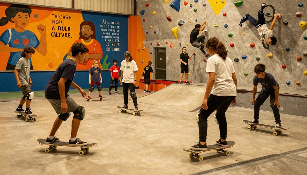A vibrant scene depicting diverse at-risk youth engaged in various non-traditional sports activities, such as skateboarding, rock climbing, and parkour. In the foreground, a group of young athletes, dressed in modest casual clothing, enthusiastically practicing their skills. The middle ground features a well-designed training space with supportive coaches guiding the youth, showcasing teamwork and mentorship. In the background, colorful murals of inspirational figures and quotes can be seen, representing empowerment and motivation. The lighting is warm and inviting, casting soft shadows to create a sense of optimism and energy. The mood is uplifting and dynamic, reflecting a strong sense of community and the transformative power of sports through collaborative programs and partnerships. A vibrant scene depicting diverse at-risk youth engaged in various non-traditional sports activities, such as skateboarding, rock climbing, and parkour. In the foreground, a group of young athletes, dressed in modest casual clothing, enthusiastically practicing their skills. The middle ground features a well-designed training space with supportive coaches guiding the youth, showcasing teamwork and mentorship. In the background, colorful murals of inspirational figures and quotes can be seen, representing empowerment and motivation. The lighting is warm and inviting, casting soft shadows to create a sense of optimism and energy. The mood is uplifting and dynamic, reflecting a strong sense of community and the transformative power of sports through collaborative programs and partnerships.