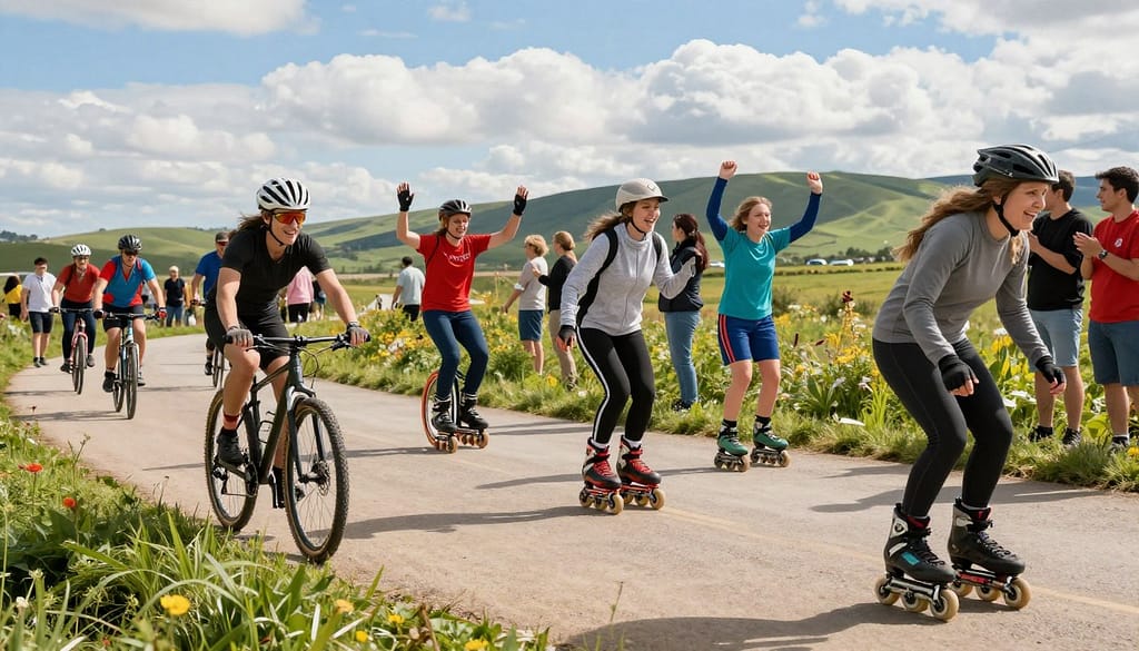 A vibrant scene showcasing various unconventional sports, emphasizing a diverse group of athletes engaged in unique activities. In the foreground, a cyclist with modern gear skillfully navigates a winding trail, surrounded by lush greenery. Nearby, an individual dressed in comfortable athletic wear joyfully participates in a quirky marathon event, where participants use unicycles and rollerblades. In the middle ground, spectators cheer enthusiastically, capturing the spirit of community and support. The background features rolling hills under a bright blue sky with fluffy clouds, creating a lively and upbeat atmosphere. The sunlight casts warm rays, enhancing the colors and adding depth to the image. Captured from a dynamic angle that evokes movement and energy, this image encapsulates the inspiring stories and successes of alternative sports. A vibrant scene showcasing various unconventional sports, emphasizing a diverse group of athletes engaged in unique activities. In the foreground, a cyclist with modern gear skillfully navigates a winding trail, surrounded by lush greenery. Nearby, an individual dressed in comfortable athletic wear joyfully participates in a quirky marathon event, where participants use unicycles and rollerblades. In the middle ground, spectators cheer enthusiastically, capturing the spirit of community and support. The background features rolling hills under a bright blue sky with fluffy clouds, creating a lively and upbeat atmosphere. The sunlight casts warm rays, enhancing the colors and adding depth to the image. Captured from a dynamic angle that evokes movement and energy, this image encapsulates the inspiring stories and successes of alternative sports.