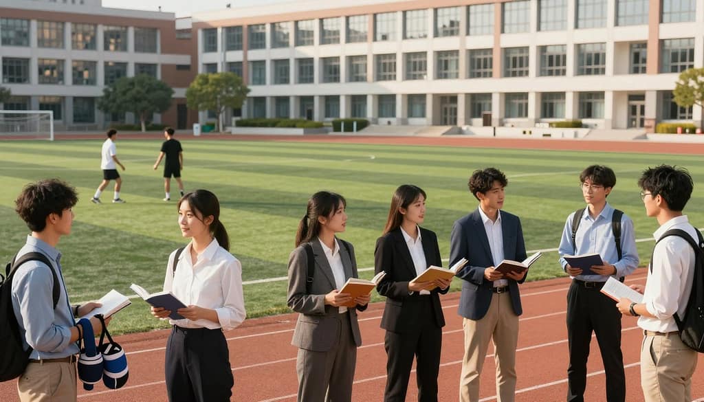 A vibrant university campus scene depicting a harmonious balance between sports and academics. In the foreground, a diverse group of students, dressed in professional business attire and modest casual clothing, engages in conversation while holding textbooks and sports gear. The middle ground features a well-maintained sports field where a couple of athletes practice, showcasing teamwork and dedication. In the background, the university's modern academic building with large windows reflects sunlight, symbolizing a bright future. The atmosphere is energetic yet focused, with warm, natural lighting that casts gentle shadows, hinting at late afternoon. The angle captures the depth of the scene, emphasizing the connection between learning and athletics, promoting a sense of community and growth. A vibrant university campus scene depicting a harmonious balance between sports and academics. In the foreground, a diverse group of students, dressed in professional business attire and modest casual clothing, engages in conversation while holding textbooks and sports gear. The middle ground features a well-maintained sports field where a couple of athletes practice, showcasing teamwork and dedication. In the background, the university's modern academic building with large windows reflects sunlight, symbolizing a bright future. The atmosphere is energetic yet focused, with warm, natural lighting that casts gentle shadows, hinting at late afternoon. The angle captures the depth of the scene, emphasizing the connection between learning and athletics, promoting a sense of community and growth.
