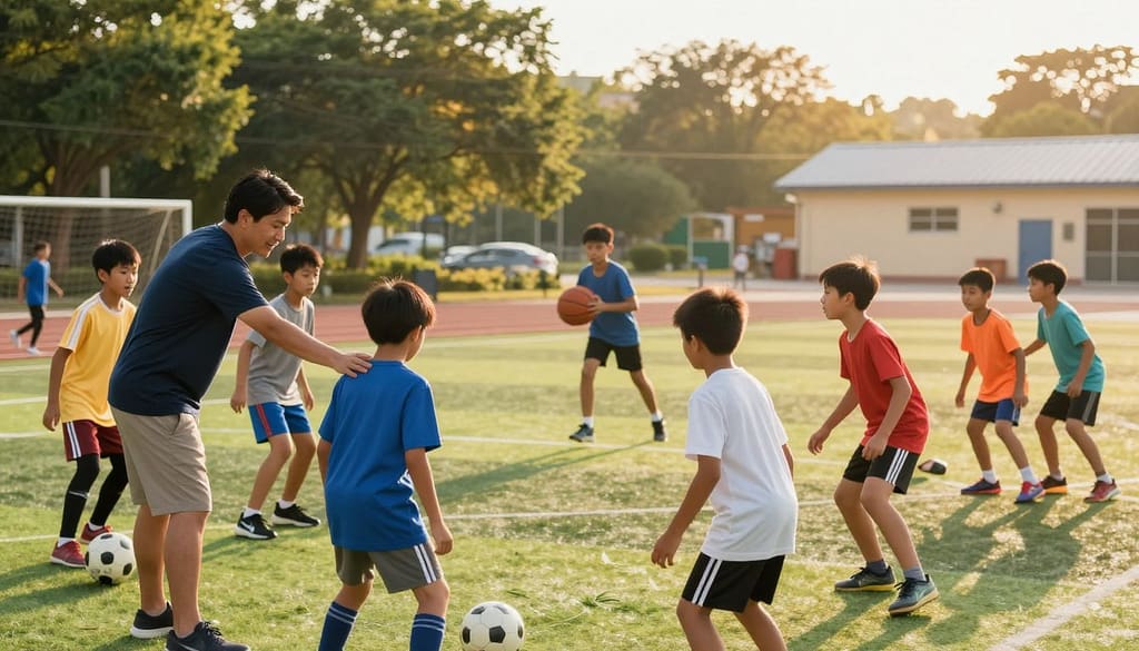 In a vibrant community park, a diverse group of young people engage in various sports activities, showcasing teamwork and camaraderie. In the foreground, a coach encourages a group of youth, wearing modest athletic attire, as they practice soccer drills, their expressions filled with determination and joy. In the middle, several kids play basketball, while others are seen running on a track, with colorful sports gear adding energy to the scene. The background features a welcoming backdrop of trees and a community center, bathed in warm, golden sunlight, creating an inviting atmosphere. A soft lens effect captures the essence of community spirit and collaboration, reflecting a sense of hope and achievement as these sports programs make a positive impact in their lives. The overall mood is uplifting and inspirational, emphasizing growth through sports. In a vibrant community park, a diverse group of young people engage in various sports activities, showcasing teamwork and camaraderie. In the foreground, a coach encourages a group of youth, wearing modest athletic attire, as they practice soccer drills, their expressions filled with determination and joy. In the middle, several kids play basketball, while others are seen running on a track, with colorful sports gear adding energy to the scene. The background features a welcoming backdrop of trees and a community center, bathed in warm, golden sunlight, creating an inviting atmosphere. A soft lens effect captures the essence of community spirit and collaboration, reflecting a sense of hope and achievement as these sports programs make a positive impact in their lives. The overall mood is uplifting and inspirational, emphasizing growth through sports.