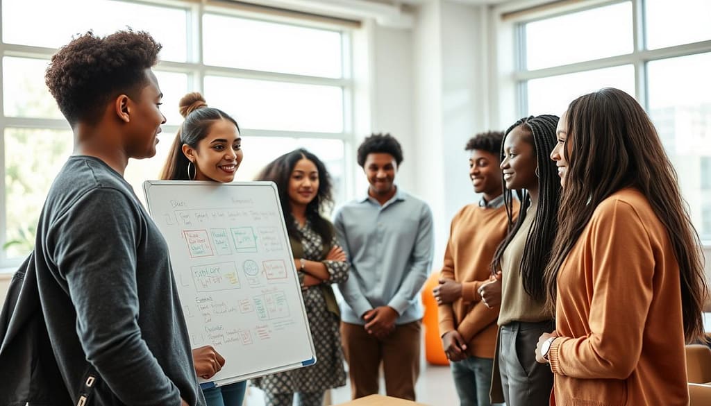A diverse group of young people engaged in a collaborative discussion, embodying leadership skills and peer support. In the foreground, two individuals stand confidently beside a whiteboard filled with colorful diagrams and notes, showcasing their brainstorming process. The middle ground features a small circle of four youth, listening intently and exchanging ideas, their expressions conveying enthusiasm and determination. The background includes a bright, modern classroom with large windows allowing natural light to flood in, creating an uplifting atmosphere. The scene is captured from a slightly elevated angle, emphasizing unity and cooperation. The mood is inspiring and empowering, reflecting a sense of community and mentorship among the youth, all dressed in professional or modest casual attire. A diverse group of young people engaged in a collaborative discussion, embodying leadership skills and peer support. In the foreground, two individuals stand confidently beside a whiteboard filled with colorful diagrams and notes, showcasing their brainstorming process. The middle ground features a small circle of four youth, listening intently and exchanging ideas, their expressions conveying enthusiasm and determination. The background includes a bright, modern classroom with large windows allowing natural light to flood in, creating an uplifting atmosphere. The scene is captured from a slightly elevated angle, emphasizing unity and cooperation. The mood is inspiring and empowering, reflecting a sense of community and mentorship among the youth, all dressed in professional or modest casual attire.