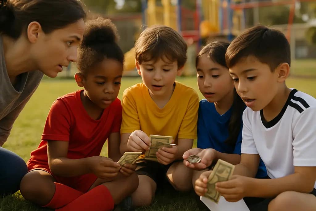 School Sports Fees discussion with parents and young athletes near a Texas school field