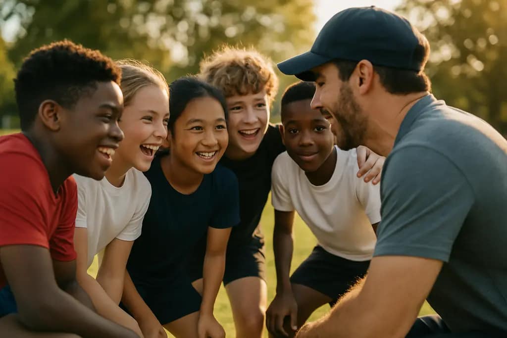 Coach Support at youth practice with players listening near cones on a community field