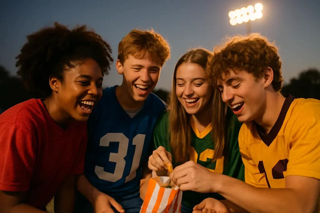 Friday Night Lights crowd cheering for a high school football team at a local stadium