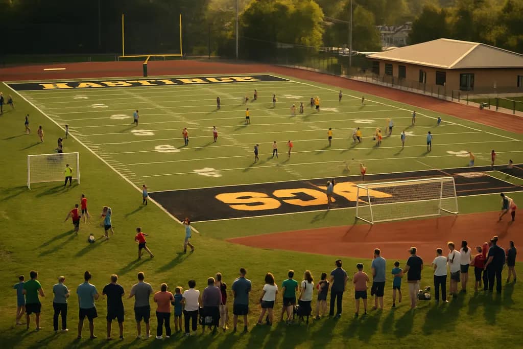 Hastings Athletic Improvements with students practicing on a school field