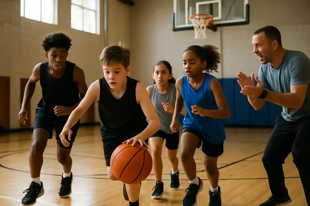 Indianapolis Youth Sports athletes practicing drills with a coach at a neighborhood court