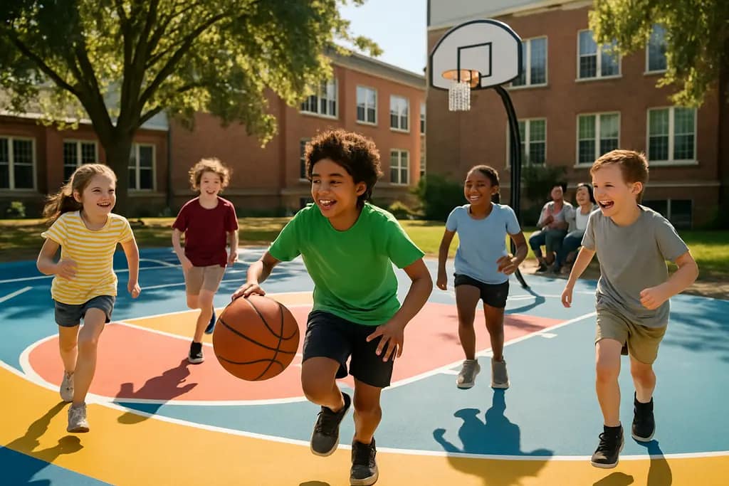 P.S. 69 Schoolyard with children playing on a green schoolyard in Jackson Heights