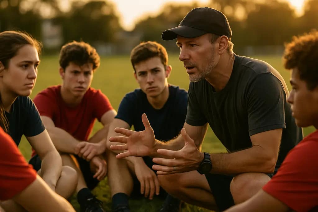 Youth safety coaching moment with a mentor and teens gathered on a school practice field
