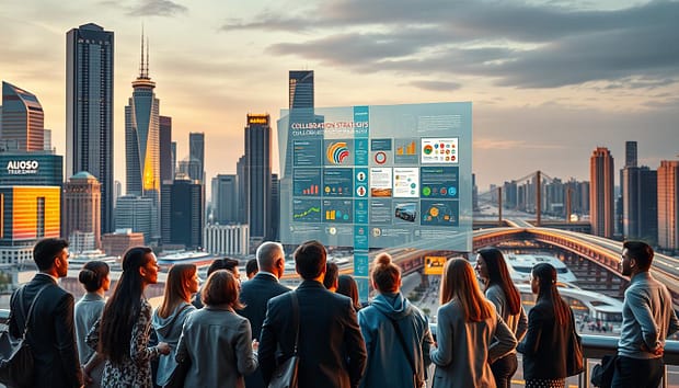 A bustling cityscape with skyscrapers and modern architecture, illuminated by warm, golden hour lighting. In the foreground, a group of diverse individuals - representatives from different organizations and sectors - engaged in a lively discussion, gesturing and exchanging ideas. The middle ground features a large, transparent display board showcasing various collaboration strategies, with colorful diagrams and infographics. In the background, a network of interconnected pathways and bridges symbolize the connections and partnerships being forged. The overall scene conveys a sense of dynamic, cross-sector collaboration and the synergy of various stakeholders working together towards a common goal. A bustling cityscape with skyscrapers and modern architecture, illuminated by warm, golden hour lighting. In the foreground, a group of diverse individuals - representatives from different organizations and sectors - engaged in a lively discussion, gesturing and exchanging ideas. The middle ground features a large, transparent display board showcasing various collaboration strategies, with colorful diagrams and infographics. In the background, a network of interconnected pathways and bridges symbolize the connections and partnerships being forged. The overall scene conveys a sense of dynamic, cross-sector collaboration and the synergy of various stakeholders working together towards a common goal.