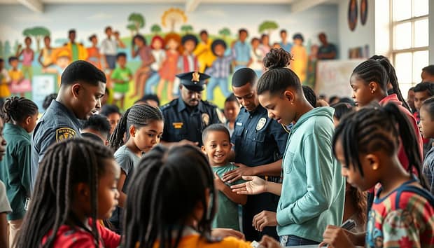 A bustling community center, bright and welcoming, where a diverse group of youth engage in a structured police partnership program. In the foreground, young people of various backgrounds collaborate on a hands-on project, their faces alight with concentration and enthusiasm. In the middle ground, uniformed police officers provide guidance and mentorship, fostering positive relationships. The background depicts a vibrant mural, showcasing images of community, togetherness, and empowerment. Soft, natural lighting illuminates the scene, creating an atmosphere of trust, learning, and empowerment. The overall composition conveys a sense of hope, opportunity, and the transformative power of police-youth collaboration. A bustling community center, bright and welcoming, where a diverse group of youth engage in a structured police partnership program. In the foreground, young people of various backgrounds collaborate on a hands-on project, their faces alight with concentration and enthusiasm. In the middle ground, uniformed police officers provide guidance and mentorship, fostering positive relationships. The background depicts a vibrant mural, showcasing images of community, togetherness, and empowerment. Soft, natural lighting illuminates the scene, creating an atmosphere of trust, learning, and empowerment. The overall composition conveys a sense of hope, opportunity, and the transformative power of police-youth collaboration.