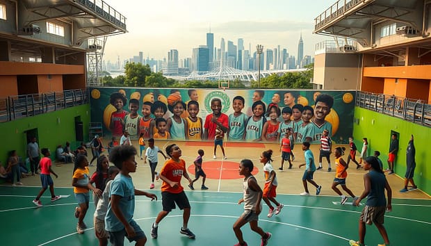 A bustling sports center, its vibrant courts and fields teeming with young athletes from diverse backgrounds. In the foreground, a group of children engage in a lively basketball game, their faces alight with joy and determination. Behind them, a sprawling mural depicts inspirational figures who have risen from poverty through the power of sports. Soft, warm lighting illuminates the scene, casting a hopeful glow. In the distance, a panoramic view of the city skyline serves as a backdrop, symbolizing the potential for these programs to break the cycle of poverty and provide pathways to a brighter future. A bustling sports center, its vibrant courts and fields teeming with young athletes from diverse backgrounds. In the foreground, a group of children engage in a lively basketball game, their faces alight with joy and determination. Behind them, a sprawling mural depicts inspirational figures who have risen from poverty through the power of sports. Soft, warm lighting illuminates the scene, casting a hopeful glow. In the distance, a panoramic view of the city skyline serves as a backdrop, symbolizing the potential for these programs to break the cycle of poverty and provide pathways to a brighter future.