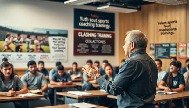 A bustling, well-lit classroom setting, with a group of youth sports coaches engaged in an interactive training session. The foreground features a confident instructor gesturing emphatically, guiding the attentive audience through a presentation on effective coaching strategies. Midground showcases coaches actively participating, taking notes and exchanging ideas. The background captures inspirational sports imagery, motivational quotes, and training resources lining the walls, creating an atmosphere of professional development and continuous learning. Warm lighting, shallow depth of field, and a dynamic camera angle convey the energy and focus of the training session. A bustling, well-lit classroom setting, with a group of youth sports coaches engaged in an interactive training session. The foreground features a confident instructor gesturing emphatically, guiding the attentive audience through a presentation on effective coaching strategies. Midground showcases coaches actively participating, taking notes and exchanging ideas. The background captures inspirational sports imagery, motivational quotes, and training resources lining the walls, creating an atmosphere of professional development and continuous learning. Warm lighting, shallow depth of field, and a dynamic camera angle convey the energy and focus of the training session.