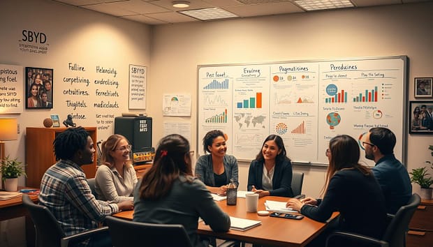 A cozy office setting with a desk, chairs, and a large whiteboard displaying various metrics, charts, and data visualizations related to SBYD (Strength-Based Youth Development) program evaluation. The lighting is warm and inviting, casting a soft glow over the scene. The walls are adorned with inspirational quotes and team photos, creating a collaborative and supportive atmosphere. In the foreground, a group of program staff are gathered around the desk, engaged in a lively discussion, their expressions thoughtful and attentive. The overall mood is one of analytical rigor, continuous improvement, and a deep commitment to the success of the SBYD initiative. A cozy office setting with a desk, chairs, and a large whiteboard displaying various metrics, charts, and data visualizations related to SBYD (Strength-Based Youth Development) program evaluation. The lighting is warm and inviting, casting a soft glow over the scene. The walls are adorned with inspirational quotes and team photos, creating a collaborative and supportive atmosphere. In the foreground, a group of program staff are gathered around the desk, engaged in a lively discussion, their expressions thoughtful and attentive. The overall mood is one of analytical rigor, continuous improvement, and a deep commitment to the success of the SBYD initiative.