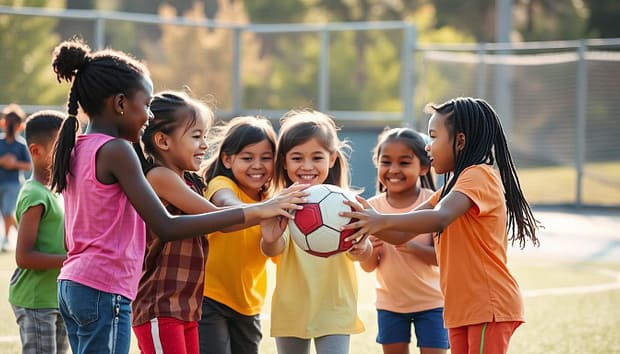 A diverse group of children engaged in various youth sports activities, building strong relationships through teamwork, communication, and shared experiences. The scene depicts a well-lit outdoor field or court, with natural lighting casting a warm, inviting glow. The children, ranging in age and background, are seen passing a ball, cheering each other on, and forming close-knit bonds. The composition emphasizes the sense of community, camaraderie, and personal growth fostered by youth sports participation. A diverse group of children engaged in various youth sports activities, building strong relationships through teamwork, communication, and shared experiences. The scene depicts a well-lit outdoor field or court, with natural lighting casting a warm, inviting glow. The children, ranging in age and background, are seen passing a ball, cheering each other on, and forming close-knit bonds. The composition emphasizes the sense of community, camaraderie, and personal growth fostered by youth sports participation.