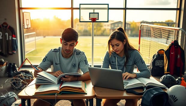 A dynamic academic environment with student-athletes engaged in focused study, surrounded by sports equipment and training gear. The foreground depicts a young man and woman sitting at a desk, books and laptops open, deep in concentration. In the middle ground, a basketball hoop and soccer goals stand, suggesting the integration of athletics. The background features a large window overlooking a playing field, the sky alight with warm, golden sunlight. The scene conveys a harmonious balance between intellectual and physical pursuits, the students' faces reflecting determination and drive. A dynamic academic environment with student-athletes engaged in focused study, surrounded by sports equipment and training gear. The foreground depicts a young man and woman sitting at a desk, books and laptops open, deep in concentration. In the middle ground, a basketball hoop and soccer goals stand, suggesting the integration of athletics. The background features a large window overlooking a playing field, the sky alight with warm, golden sunlight. The scene conveys a harmonious balance between intellectual and physical pursuits, the students' faces reflecting determination and drive.