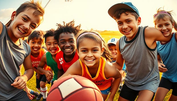 A dynamic and inspirational sports scene, captured through a vibrant wide-angle lens. In the foreground, a diverse group of young athletes engaged in various athletic activities, their faces filled with determination and joy. The middle ground showcases a variety of sports equipment and gear, symbolizing the breadth of skills and lessons acquired through athletic pursuits. In the background, a warm, sun-dappled landscape provides a serene and encouraging backdrop, conveying the sense of growth, resilience, and life-long benefits that sports can impart. The overall mood is one of energy, camaraderie, and the transformative power of physical activity in shaping character and instilling valuable life skills. A dynamic and inspirational sports scene, captured through a vibrant wide-angle lens. In the foreground, a diverse group of young athletes engaged in various athletic activities, their faces filled with determination and joy. The middle ground showcases a variety of sports equipment and gear, symbolizing the breadth of skills and lessons acquired through athletic pursuits. In the background, a warm, sun-dappled landscape provides a serene and encouraging backdrop, conveying the sense of growth, resilience, and life-long benefits that sports can impart. The overall mood is one of energy, camaraderie, and the transformative power of physical activity in shaping character and instilling valuable life skills.