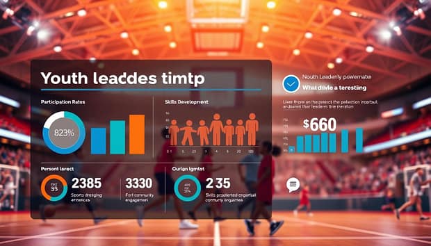 A dynamic data visualization showcasing youth leadership metrics against a backdrop of a vibrant sports arena. The foreground features a sleek, minimalist dashboard displaying key performance indicators such as participation rates, skills development, and community engagement. The middle ground depicts young athletes in motion, embodying the energy and potential of emerging leaders. The background is illuminated by warm lighting, evoking a sense of optimism and growth. The overall composition conveys the measurable impact of youth leadership programs through the lens of sports-driven personal development. A dynamic data visualization showcasing youth leadership metrics against a backdrop of a vibrant sports arena. The foreground features a sleek, minimalist dashboard displaying key performance indicators such as participation rates, skills development, and community engagement. The middle ground depicts young athletes in motion, embodying the energy and potential of emerging leaders. The background is illuminated by warm lighting, evoking a sense of optimism and growth. The overall composition conveys the measurable impact of youth leadership programs through the lens of sports-driven personal development.