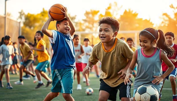 A dynamic scene of young athletes engaged in various sports, illustrating the key life skills they develop through these activities. In the foreground, a diverse group of children and teens demonstrate teamwork, leadership, and problem-solving as they play basketball, soccer, and other games. The middle ground showcases moments of perseverance, discipline, and resilience, with athletes pushing their physical and mental limits. The background sets a vibrant, sun-drenched environment, reflecting the joy, camaraderie, and sense of community that sports-based youth development fosters. Rendered in a realistic, cinematic style with warm lighting and a shallow depth of field, highlighting the transformative power of sports in shaping well-rounded individuals. A dynamic scene of young athletes engaged in various sports, illustrating the key life skills they develop through these activities. In the foreground, a diverse group of children and teens demonstrate teamwork, leadership, and problem-solving as they play basketball, soccer, and other games. The middle ground showcases moments of perseverance, discipline, and resilience, with athletes pushing their physical and mental limits. The background sets a vibrant, sun-drenched environment, reflecting the joy, camaraderie, and sense of community that sports-based youth development fosters. Rendered in a realistic, cinematic style with warm lighting and a shallow depth of field, highlighting the transformative power of sports in shaping well-rounded individuals.
