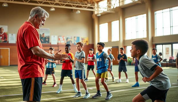 A group of youth athletes diligently practicing sports drills under the watchful guidance of a compassionate coach. The foreground shows the coach demonstrating proper technique, hands-on, as the young players intently focus on perfecting their skills. The middle ground captures the camaraderie and teamwork as the players encourage one another. In the background, a well-equipped indoor training facility with motivational posters lining the walls, illuminated by warm, natural lighting filtering through tall windows. An atmosphere of mentorship, discipline, and personal growth permeates the scene. A group of youth athletes diligently practicing sports drills under the watchful guidance of a compassionate coach. The foreground shows the coach demonstrating proper technique, hands-on, as the young players intently focus on perfecting their skills. The middle ground captures the camaraderie and teamwork as the players encourage one another. In the background, a well-equipped indoor training facility with motivational posters lining the walls, illuminated by warm, natural lighting filtering through tall windows. An atmosphere of mentorship, discipline, and personal growth permeates the scene.