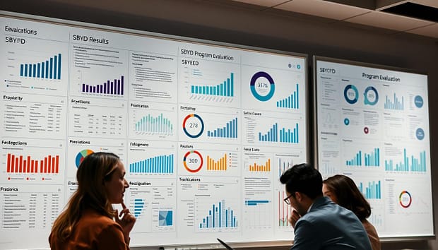 A large whiteboard displays meticulously organized data visualizations, charts, and graphs. The foreground showcases a detailed breakdown of SBYD program evaluation results, presented with a clean, professional aesthetic. The middle ground features a team of analysts intently studying the data, their expressions thoughtful and engaged. The background is softly lit, with a sense of contemplative focus permeating the scene. The overall mood is one of analytical rigor, data-driven insights, and a commitment to understanding the real-world impact of the SBYD initiative. A large whiteboard displays meticulously organized data visualizations, charts, and graphs. The foreground showcases a detailed breakdown of SBYD program evaluation results, presented with a clean, professional aesthetic. The middle ground features a team of analysts intently studying the data, their expressions thoughtful and engaged. The background is softly lit, with a sense of contemplative focus permeating the scene. The overall mood is one of analytical rigor, data-driven insights, and a commitment to understanding the real-world impact of the SBYD initiative.