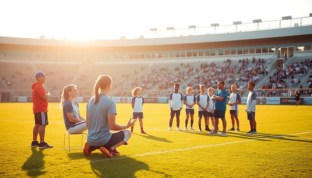 A serene sports field with young athletes engaged in various mental health strategies. In the foreground, a coach guides a group in a mindfulness exercise, their faces radiating calm. In the middle ground, teammates support one another through a group discussion, building resilience. The background depicts the stadium stands, filled with spectators cheering on the players, creating an atmosphere of community and encouragement. Warm natural lighting filters through, conveying a sense of hope and healing. The scene captures the intersection of youth sports and mental well-being, showcasing strategies for handling adversity and conflict. A serene sports field with young athletes engaged in various mental health strategies. In the foreground, a coach guides a group in a mindfulness exercise, their faces radiating calm. In the middle ground, teammates support one another through a group discussion, building resilience. The background depicts the stadium stands, filled with spectators cheering on the players, creating an atmosphere of community and encouragement. Warm natural lighting filters through, conveying a sense of hope and healing. The scene captures the intersection of youth sports and mental well-being, showcasing strategies for handling adversity and conflict.