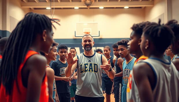 A vibrant and dynamic scene of a LEAD youth program coaching session. In the foreground, a diverse group of young athletes engaged in a spirited basketball drill, their faces alight with determination and focus. In the middle ground, a coach in a LEAD team jersey gestures emphatically, guiding and encouraging the players with clear, concise instructions. The background features a well-equipped indoor court, with bright, evenly-distributed lighting casting a warm, motivational glow over the entire scene. The overall atmosphere conveys a sense of camaraderie, skill development, and the transformative power of sports-based youth development. A vibrant and dynamic scene of a LEAD youth program coaching session. In the foreground, a diverse group of young athletes engaged in a spirited basketball drill, their faces alight with determination and focus. In the middle ground, a coach in a LEAD team jersey gestures emphatically, guiding and encouraging the players with clear, concise instructions. The background features a well-equipped indoor court, with bright, evenly-distributed lighting casting a warm, motivational glow over the entire scene. The overall atmosphere conveys a sense of camaraderie, skill development, and the transformative power of sports-based youth development.
