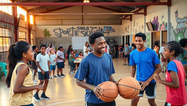 A vibrant community center bustling with energy, the SBYD (Sport-Based Youth Development) program brings together diverse youth in a collaborative, joyful setting. In the foreground, a group of young people engage in a friendly game of basketball, their faces alight with laughter and camaraderie. The middle ground features an open-air gathering space, where adults and mentors guide discussions and lead interactive workshops. In the background, the setting sun casts a warm, golden glow, illuminating the mural-adorned walls and the sense of unity and shared purpose that permeates the scene. Capturing the essence of adaptation and social cohesion, the image conveys the transformative power of sport-based initiatives in local communities. A vibrant community center bustling with energy, the SBYD (Sport-Based Youth Development) program brings together diverse youth in a collaborative, joyful setting. In the foreground, a group of young people engage in a friendly game of basketball, their faces alight with laughter and camaraderie. The middle ground features an open-air gathering space, where adults and mentors guide discussions and lead interactive workshops. In the background, the setting sun casts a warm, golden glow, illuminating the mural-adorned walls and the sense of unity and shared purpose that permeates the scene. Capturing the essence of adaptation and social cohesion, the image conveys the transformative power of sport-based initiatives in local communities.