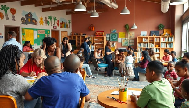 A vibrant community center filled with diverse families, parents, and children engaged in collaborative activities. In the foreground, a group of adults and kids work together on an arts and crafts project, their faces alight with enthusiasm. In the middle ground, a circle of chairs hosts a lively discussion, facilitators guiding the conversation. The background reveals an inviting space with colorful murals, educational displays, and a cozy reading nook. Soft, warm lighting emanates a sense of inclusivity and shared purpose, as the community comes together to support the growth and success of local youth. A vibrant community center filled with diverse families, parents, and children engaged in collaborative activities. In the foreground, a group of adults and kids work together on an arts and crafts project, their faces alight with enthusiasm. In the middle ground, a circle of chairs hosts a lively discussion, facilitators guiding the conversation. The background reveals an inviting space with colorful murals, educational displays, and a cozy reading nook. Soft, warm lighting emanates a sense of inclusivity and shared purpose, as the community comes together to support the growth and success of local youth.