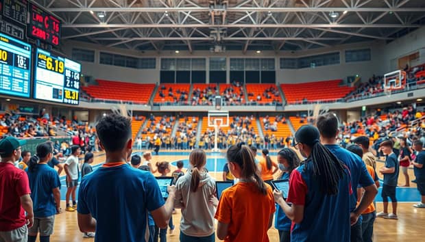 A vibrant, data-driven sports arena filled with engaged youth athletes and coaches. In the foreground, a large digital scoreboard displays real-time performance metrics and feedback, guiding the athletes as they train. In the middle ground, small groups huddle around tablets, analyzing data and strategizing. The lighting is bright and uniform, casting a sense of purpose and progression. Sweeping camera angles capture the energy and dynamism of the scene, as the youth navigate the feedback loop, using data to unlock their full potential. A vibrant, data-driven sports arena filled with engaged youth athletes and coaches. In the foreground, a large digital scoreboard displays real-time performance metrics and feedback, guiding the athletes as they train. In the middle ground, small groups huddle around tablets, analyzing data and strategizing. The lighting is bright and uniform, casting a sense of purpose and progression. Sweeping camera angles capture the energy and dynamism of the scene, as the youth navigate the feedback loop, using data to unlock their full potential.