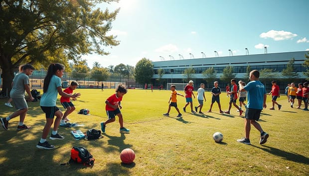 A vibrant outdoor scene, captured with a wide-angle lens, showcasing the life skills developed through sports. In the foreground, a diverse group of young athletes engage in various activities - teamwork, problem-solving, and perseverance are evident in their coordinated movements. The middle ground features a lush, sun-dappled field, with equipment and gear strewn about, reflecting the active nature of the scene. In the background, a modern, well-equipped sports facility stands as a symbol of the resources available for youth development. The overall atmosphere is one of energy, camaraderie, and the transformative power of sports-based learning. A vibrant outdoor scene, captured with a wide-angle lens, showcasing the life skills developed through sports. In the foreground, a diverse group of young athletes engage in various activities - teamwork, problem-solving, and perseverance are evident in their coordinated movements. The middle ground features a lush, sun-dappled field, with equipment and gear strewn about, reflecting the active nature of the scene. In the background, a modern, well-equipped sports facility stands as a symbol of the resources available for youth development. The overall atmosphere is one of energy, camaraderie, and the transformative power of sports-based learning.