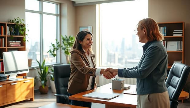 A warm, inviting office space with a large wooden desk, a modern computer, and a well-organized workspace. In the foreground, two people, a donor and a program leader, are shaking hands, their faces conveying a sense of trust and collaboration. The background features a bookshelf, a potted plant, and a large window overlooking a bustling city skyline, bathed in soft, natural lighting. The overall atmosphere evokes a professional yet personable environment, where meaningful donor relationships are cultivated. A warm, inviting office space with a large wooden desk, a modern computer, and a well-organized workspace. In the foreground, two people, a donor and a program leader, are shaking hands, their faces conveying a sense of trust and collaboration. The background features a bookshelf, a potted plant, and a large window overlooking a bustling city skyline, bathed in soft, natural lighting. The overall atmosphere evokes a professional yet personable environment, where meaningful donor relationships are cultivated.
