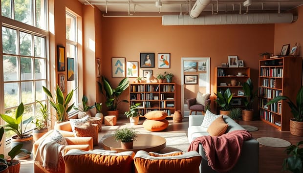 A cozy, welcoming youth center with warm lighting and natural elements. A comfortable seating area with plush cushions and throws, surrounded by potted plants and artwork created by participants. Large windows allow natural light to flood the space, conveying a sense of openness and safety. The walls are painted in soothing, earthy tones, creating a calming atmosphere. In the background, a bookshelf filled with self-help resources and a meditation corner with floor pillows. Overall, the space radiates a nurturing, trauma-informed vibe that empowers young leaders to feel supported and empowered. A cozy, welcoming youth center with warm lighting and natural elements. A comfortable seating area with plush cushions and throws, surrounded by potted plants and artwork created by participants. Large windows allow natural light to flood the space, conveying a sense of openness and safety. The walls are painted in soothing, earthy tones, creating a calming atmosphere. In the background, a bookshelf filled with self-help resources and a meditation corner with floor pillows. Overall, the space radiates a nurturing, trauma-informed vibe that empowers young leaders to feel supported and empowered.