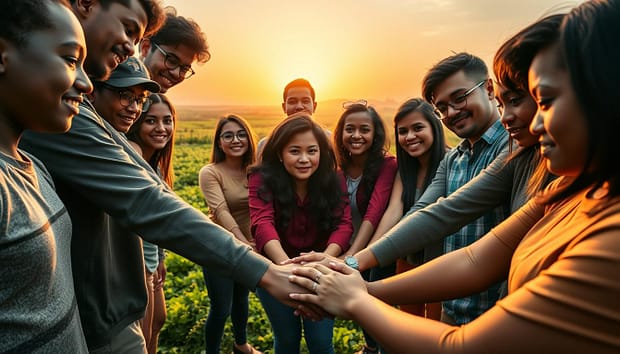 A group of diverse young individuals standing in a circle, their faces filled with determination and optimism. The foreground showcases their collaborative efforts, hands clasped together, symbolizing unity and camaraderie. In the middle ground, a vibrant, verdant landscape unfolds, representing the fertile ground for their personal growth and development. The background features a warm, golden-hued sunset, casting a soft, inspiring glow over the scene, conveying a sense of hope and the promise of a bright future. Captured with a wide-angle lens, the composition emphasizes the interconnectedness and the sense of community within this youth leadership development program. A group of diverse young individuals standing in a circle, their faces filled with determination and optimism. The foreground showcases their collaborative efforts, hands clasped together, symbolizing unity and camaraderie. In the middle ground, a vibrant, verdant landscape unfolds, representing the fertile ground for their personal growth and development. The background features a warm, golden-hued sunset, casting a soft, inspiring glow over the scene, conveying a sense of hope and the promise of a bright future. Captured with a wide-angle lens, the composition emphasizes the interconnectedness and the sense of community within this youth leadership development program.