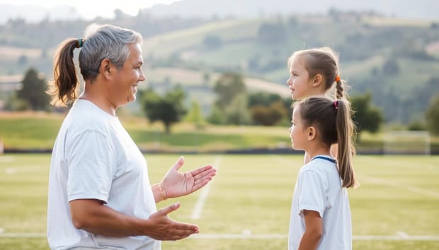 A serene and encouraging outdoor scene, with a coach guiding a young athlete through positive coaching strategies. In the foreground, the coach and athlete stand facing each other, their body language open and engaged. The coach's expression is warm and nurturing, their hands gesturing to explain a technique. The athlete listens intently, their face filled with determination. In the middle ground, a well-manicured sports field stretches out, bathed in soft, diffused natural light. In the background, a scenic landscape of rolling hills and trees frames the scene, creating a sense of tranquility and focus. The overall mood is one of support, encouragement, and growth. A serene and encouraging outdoor scene, with a coach guiding a young athlete through positive coaching strategies. In the foreground, the coach and athlete stand facing each other, their body language open and engaged. The coach's expression is warm and nurturing, their hands gesturing to explain a technique. The athlete listens intently, their face filled with determination. In the middle ground, a well-manicured sports field stretches out, bathed in soft, diffused natural light. In the background, a scenic landscape of rolling hills and trees frames the scene, creating a sense of tranquility and focus. The overall mood is one of support, encouragement, and growth.
