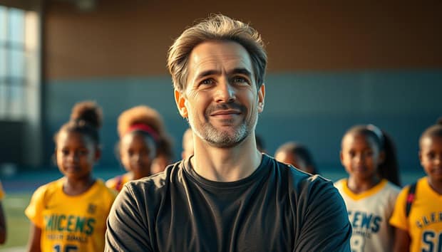 A thoughtful youth coach stands in the foreground, their face radiating warmth and encouragement. Behind them, a diverse group of young athletes engaged in various sports activities, their expressions filled with enthusiasm and determination. The scene is bathed in soft, golden-hued lighting, creating a sense of inspiration and possibility. In the background, a blurred cityscape or natural setting serves as a subtle reminder of the impact these coaches have on their communities. The overall atmosphere conveys the profound influence a caring, dedicated youth coach can have on shaping the lives and futures of the next generation. A thoughtful youth coach stands in the foreground, their face radiating warmth and encouragement. Behind them, a diverse group of young athletes engaged in various sports activities, their expressions filled with enthusiasm and determination. The scene is bathed in soft, golden-hued lighting, creating a sense of inspiration and possibility. In the background, a blurred cityscape or natural setting serves as a subtle reminder of the impact these coaches have on their communities. The overall atmosphere conveys the profound influence a caring, dedicated youth coach can have on shaping the lives and futures of the next generation.