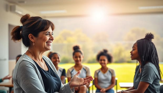 A tranquil, well-lit classroom setting. In the foreground, a coach demonstrates positive encouragement techniques, with an open, nurturing posture and a warm, genuine smile. The middle ground features a diverse group of athletes listening intently, their expressions reflecting a sense of empowerment and motivation. The background depicts a vibrant, sun-dappled outdoor sports field, symbolizing the growth and progress that can be achieved through the coach's supportive approach. The overall atmosphere conveys a harmonious blend of professionalism, empathy, and the fostering of personal development. A tranquil, well-lit classroom setting. In the foreground, a coach demonstrates positive encouragement techniques, with an open, nurturing posture and a warm, genuine smile. The middle ground features a diverse group of athletes listening intently, their expressions reflecting a sense of empowerment and motivation. The background depicts a vibrant, sun-dappled outdoor sports field, symbolizing the growth and progress that can be achieved through the coach's supportive approach. The overall atmosphere conveys a harmonious blend of professionalism, empathy, and the fostering of personal development.