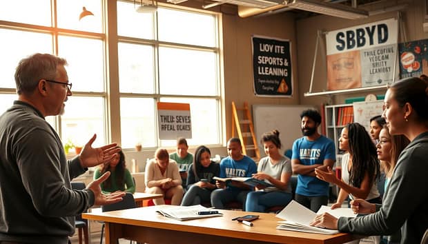A well-lit classroom setting with a group of diverse coaches engaged in an interactive SBYD training session. In the foreground, a coach demonstrates a hands-on activity, their gestures animated as they explain key strategies. The middle ground features coaches collaborating in small groups, studying training manuals and sketching ideas on whiteboards. In the background, motivational posters and sports equipment create an atmosphere of dynamic learning and skill development. Warm, natural lighting filters through large windows, fostering an atmosphere of inspiration and camaraderie as the coaches hone their SBYD coaching techniques. A well-lit classroom setting with a group of diverse coaches engaged in an interactive SBYD training session. In the foreground, a coach demonstrates a hands-on activity, their gestures animated as they explain key strategies. The middle ground features coaches collaborating in small groups, studying training manuals and sketching ideas on whiteboards. In the background, motivational posters and sports equipment create an atmosphere of dynamic learning and skill development. Warm, natural lighting filters through large windows, fostering an atmosphere of inspiration and camaraderie as the coaches hone their SBYD coaching techniques.