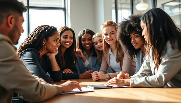 Youth Leadership Development Case Studies: A close-up view of a diverse group of young adults engaged in a collaborative discussion, with a thoughtful, focused expression on their faces. The scene is set in a well-lit, modern office space, with clean lines and minimalist decor. The group is seated around a sleek, wooden conference table, dressed in a mix of professional attire. Sunlight filters in through large windows, casting a warm, natural glow on the participants. The atmosphere conveys a sense of intellectual curiosity, problem-solving, and a shared commitment to personal and professional growth. Youth Leadership Development Case Studies: A close-up view of a diverse group of young adults engaged in a collaborative discussion, with a thoughtful, focused expression on their faces. The scene is set in a well-lit, modern office space, with clean lines and minimalist decor. The group is seated around a sleek, wooden conference table, dressed in a mix of professional attire. Sunlight filters in through large windows, casting a warm, natural glow on the participants. The atmosphere conveys a sense of intellectual curiosity, problem-solving, and a shared commitment to personal and professional growth.