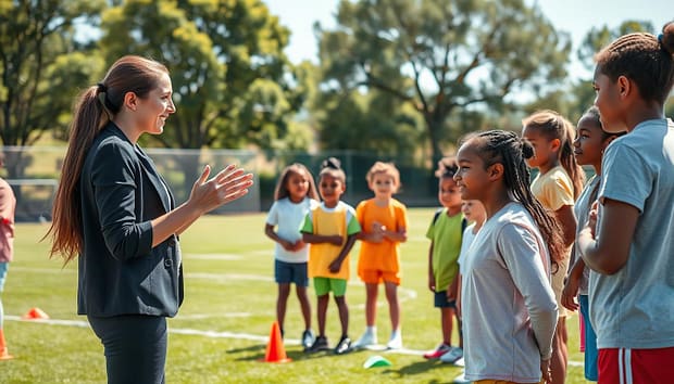 A diverse group of youth athletes engaged in a coaching session, showcasing various communication styles. In the foreground, a young female coach in professional attire actively demonstrates a gesture, illustrating encouragement and inclusivity. Surrounding her are young athletes of different ethnic backgrounds, attentively listening and interacting, expressing a range of emotions from curiosity to excitement. The middle ground features a vibrant sports field with cones and equipment scattered, emphasizing an energetic and dynamic environment. In the background, trees and a clear blue sky create a friendly, welcoming atmosphere. Soft, natural lighting bathes the scene, highlighting the connection among participants. The image conveys a mood of positivity, collaboration, and support, focusing on the importance of effective communication in youth sports. A diverse group of youth athletes engaged in a coaching session, showcasing various communication styles. In the foreground, a young female coach in professional attire actively demonstrates a gesture, illustrating encouragement and inclusivity. Surrounding her are young athletes of different ethnic backgrounds, attentively listening and interacting, expressing a range of emotions from curiosity to excitement. The middle ground features a vibrant sports field with cones and equipment scattered, emphasizing an energetic and dynamic environment. In the background, trees and a clear blue sky create a friendly, welcoming atmosphere. Soft, natural lighting bathes the scene, highlighting the connection among participants. The image conveys a mood of positivity, collaboration, and support, focusing on the importance of effective communication in youth sports.