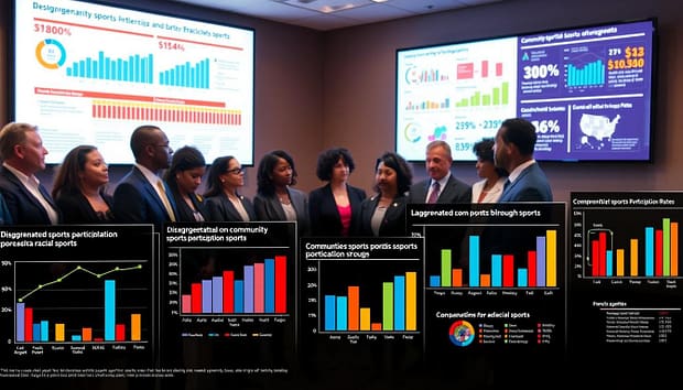 A comprehensive racial equity data visualization in a professional setting. In the foreground, various charts and graphs displaying disaggregated data on community sports participation rates across different racial groups, vividly colored for clarity. The middle ground features a diverse group of individuals in professional business attire, attentively discussing the data, representing a range of ethnicities. In the background, a large screen displays dynamic infographics and statistics, illuminating the room with soft, ambient lighting. The overall atmosphere is one of collaboration and determination, emphasizing the importance of equitable data in advancing racial equity through sports. The scene captures a moment of insight and engagement, promoting a sense of community and shared goals. A comprehensive racial equity data visualization in a professional setting. In the foreground, various charts and graphs displaying disaggregated data on community sports participation rates across different racial groups, vividly colored for clarity. The middle ground features a diverse group of individuals in professional business attire, attentively discussing the data, representing a range of ethnicities. In the background, a large screen displays dynamic infographics and statistics, illuminating the room with soft, ambient lighting. The overall atmosphere is one of collaboration and determination, emphasizing the importance of equitable data in advancing racial equity through sports. The scene captures a moment of insight and engagement, promoting a sense of community and shared goals.