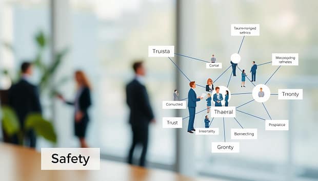 A detailed psychological safety referral network diagram, showcasing interconnected nodes and pathways representing trust and communication in trauma-informed coaching. In the foreground, clear labels identify key concepts like "Safety," "Trust," and "Growth," rendered in clean, professional fonts. The middle layer illustrates diverse human figures in professional business attire, engaged in collaborative discussions, each symbolizing various roles in the network. The background is softly blurred with calming colors like light blue and green, evoking a supportive atmosphere. Soft, natural lighting enhances clarity while subtle shadowing provides depth. The overall mood conveys a sense of safety and interconnectedness, emphasizing the importance of referral networks in fostering psychological safety in coaching environments. A detailed psychological safety referral network diagram, showcasing interconnected nodes and pathways representing trust and communication in trauma-informed coaching. In the foreground, clear labels identify key concepts like "Safety," "Trust," and "Growth," rendered in clean, professional fonts. The middle layer illustrates diverse human figures in professional business attire, engaged in collaborative discussions, each symbolizing various roles in the network. The background is softly blurred with calming colors like light blue and green, evoking a supportive atmosphere. Soft, natural lighting enhances clarity while subtle shadowing provides depth. The overall mood conveys a sense of safety and interconnectedness, emphasizing the importance of referral networks in fostering psychological safety in coaching environments.