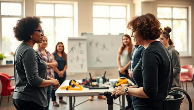 A diverse group of volunteers engaged in a disability inclusion training session, set in a brightly lit community center. In the foreground, a woman with short curly hair and glasses, dressed in smart casual attire, is demonstrating adaptive sports equipment to an attentive group of five volunteers of various ages and ethnicities, all in professional casual clothing. In the middle, a whiteboard displays diagrams of adaptive sports techniques, while a table holds various adaptive sports gear. The background features large windows letting in warm, natural light, creating a welcoming atmosphere. The mood is focused and collaborative, highlighting the importance of training in creating an inclusive community environment. Soft focus applied to the background to emphasize the training interaction. A diverse group of volunteers engaged in a disability inclusion training session, set in a brightly lit community center. In the foreground, a woman with short curly hair and glasses, dressed in smart casual attire, is demonstrating adaptive sports equipment to an attentive group of five volunteers of various ages and ethnicities, all in professional casual clothing. In the middle, a whiteboard displays diagrams of adaptive sports techniques, while a table holds various adaptive sports gear. The background features large windows letting in warm, natural light, creating a welcoming atmosphere. The mood is focused and collaborative, highlighting the importance of training in creating an inclusive community environment. Soft focus applied to the background to emphasize the training interaction.