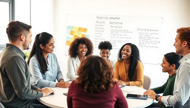 A diverse group of young adults gathered around a round table in a bright, modern office space, engaged in a collaborative discussion. Focus on three individuals in professional attire, representing different cultural backgrounds, actively sharing ideas and using respectful pronouns while communicating. A whiteboard in the background displays inclusive language guidelines, with colorful sticky notes emphasizing teamwork and respect. Soft, natural lighting from large windows creates a warm and inviting atmosphere, enhancing the sense of inclusivity. The camera angle is slightly above eye level, capturing the expressions of engagement and camaraderie among the team. The overall mood is positive, indicating a supportive environment where everyone feels valued and heard. A diverse group of young adults gathered around a round table in a bright, modern office space, engaged in a collaborative discussion. Focus on three individuals in professional attire, representing different cultural backgrounds, actively sharing ideas and using respectful pronouns while communicating. A whiteboard in the background displays inclusive language guidelines, with colorful sticky notes emphasizing teamwork and respect. Soft, natural lighting from large windows creates a warm and inviting atmosphere, enhancing the sense of inclusivity. The camera angle is slightly above eye level, capturing the expressions of engagement and camaraderie among the team. The overall mood is positive, indicating a supportive environment where everyone feels valued and heard.